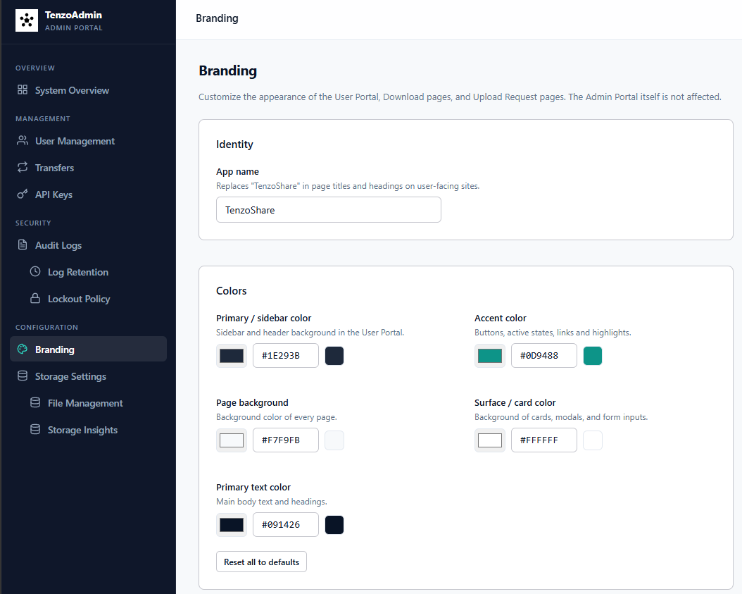 TenzoShare admin branding settings panel