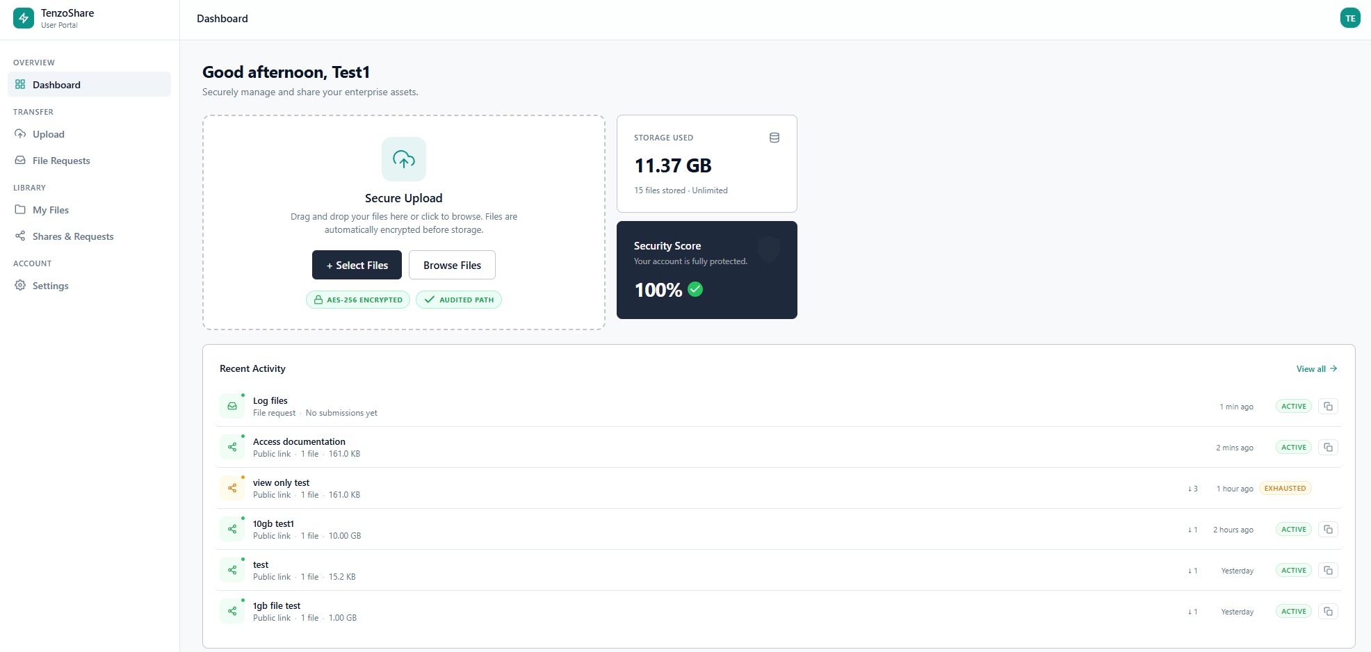 TenzoShare user dashboard